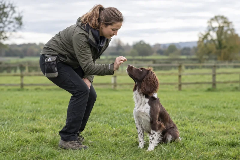 Dog trainer rewarding a seated dog with a small treat on a British training field